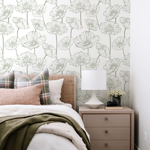 Floral Peel and Stick Wallpaper Boho Green and White Wallpaper | 17.3inx118.1in Self Adhesive Contact Paper Removable Decorative Wall Paper for Bedroom Bathroom Cabinets Decor Vinyl - color: Green and White, size: 17.3" x 118.1"