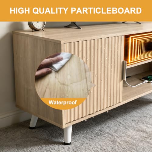 Lightdot 55" Fluted Small Walnut TV Stand with Outlet & Fireplace Light | Media Console with Storage, Mid Century Cabinet Fits 55-65" TV, for Living Room/Bedroom/Sofa Cabinet,Easy Assembly - color: Walnut-mirror/55"