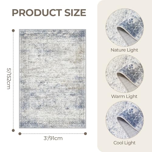 3x5 Rug for Entryway,Washable Area Rug,Blue | Small Rug for Kitchen,Hallway,Bedroom,Living Room,Dining Room,Thin,Soft, Neutral Rug,Stain Resistant Indoor Carpet,Non Slip - color: Blue/Brown/Ivory, size: 3' x 5' (Rectangular)