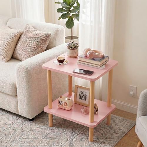 FORAOFUR Pink Side Table with Charging Station, Small Side Table Living Room with 2 USB Ports and Outlets, End Tables for Small Spaces in Living Room, Bedroom & Nursery, 2 Tier Nightstand - color: Pink