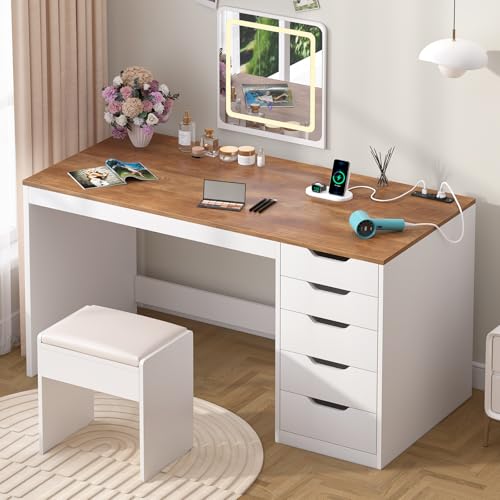 47 Inch Small Computer Desk with 5 Drawers and Outlets for Home Office | Home Office Desks with Storage File Cabinet and Charging Station, Modern Simple Laptop Desk Writing Table, Brown and White - color: Brown and White