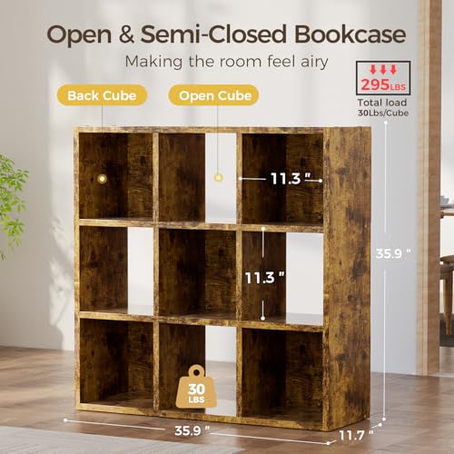 COMHOMA 9 Wood Cube Storage Organizer with Open Back and Removable Back Panels, 11In Brown Cube Storage Bookshelf, Cubicle Shelf Bookcase for Home Office Bedroom Living Room, Vertical or Horizontal - color: 9 Cube Brown