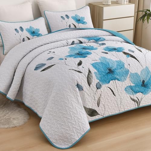 Mybedsoul Floral Quilt Set King Size, 3 Pieces Teal Bedspread Coverlet Set, Lightweight Farmhouse Botanical Bedding Set for Fall Winter All Season(104"x90") - color: Teal, size: King104"x90"