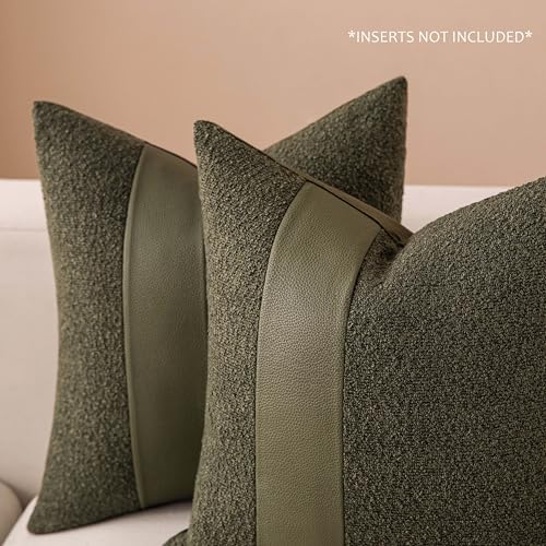 Set of 2 Decorative Boucle Pillow Covers 18x18 Inch Sage Green Textured Faux Leather Throw Pillows for Couch, Cozy Soft Solid Boho Fluffy Accent Pillowcases for Bed Living Room Home DéCor - color: Sage Green