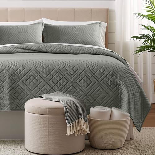 Clara Clark Quilts Twin Size - All Season Bedspread Coverlet Set, Pinsonic Weave Lightweight Bedding Set - 5 Piece Twin Quilt Set with Pillow Shams, London Fog - Twin Diamond - color: 33 – London Fog – Diamond, size: Twin