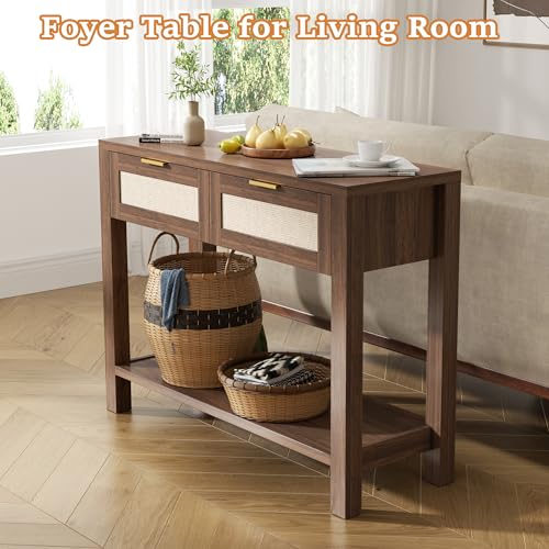 Boho Chic Console Table with 2 Rattan Drawers and Open Shelf Storage, Narrow Farmhouse Sofa Table for Small Space Entryway, Living Room,Hallway,Walnut - color: Walnut