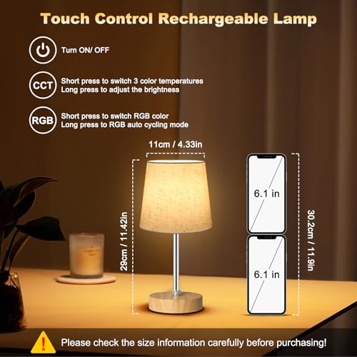 Wowag Small Cordless Table Lamp,5000mAh Rechargeable Battery Operated Desk Lamp,3 Colors & 7 RGB Stepless Dimmable, Portable Touch Bedside Night Light for Patio Restaurant Home,Wood Base,Flaxen Shade - color: Wood+Flaxen Shade, size: 11.4in