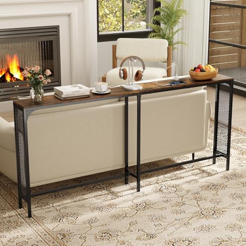 GIANTEX 71" Narrow Console Table with 2 Power Outlets and USB-C Ports | Sofa Table w/ Charging Station & Metal Frame, Skinny Behind Couch Tables, Long Entryway Tables for Living Room, Rustic Brown - color: Rustic Brown + Black