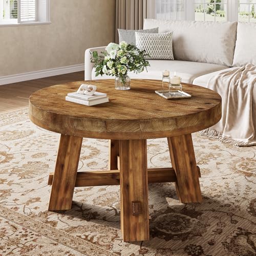 31.5-Inch Round Coffee Table, Solid Wood Center Table with Thickened Tabletop for Living Room, Apartment, Small Space (Rustic Brown) - color: Rustic Brown