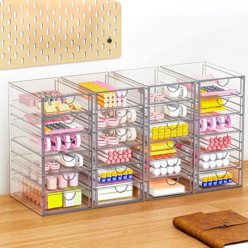 YFXCVSL 6-Pack Acrylic 31-Drawer Storage & Makeup Organizer for Desk | Smooth-glide drawers, clear acrylic, stackable, dustproof, wipe-clean, for makeup palettes, lipsticks, blushes, cotton pads - size: 31 Drawers