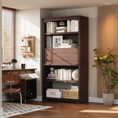 HIFYOBRO 5 Tier Bookshelf and Bookcase, 71" Tall Bookshelves, Cherry | Book Shelves for Living Room, Flip-Down Door on 3rd Book Shelf, Freestanding Open Display Storage for Study Room, Home Office - color: Cherry, size: 5-shelf