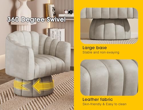 Dewhut Swivel Accent Chair, Barrel Accent Chair, Faux Leather, Almond | Faux leather Upholstered Round Arm Chair with 360° Swivel Base, Mid Century Modern Living Room Chair - color: Almond