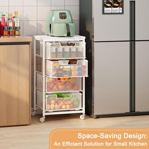 4-Tier Kitchen Storage Cart - Fruit Vegetable Storage Cart with Drawers, Wooden Top Metal Wire Kitchen Organizer and Storage Cart with Wheels to Storage Onions Potatoes Cans Snacks for Kitchen - size: 4-Tier White