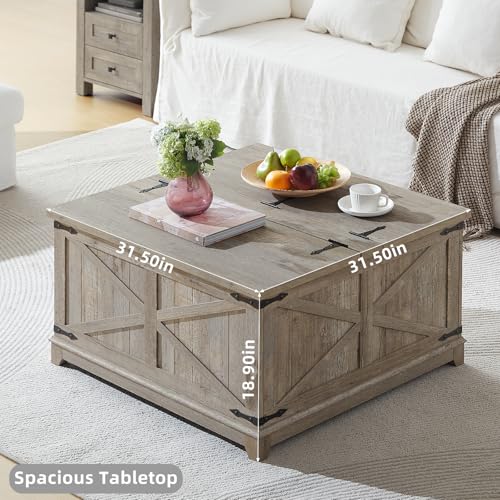 Joaxswe Farmhouse Coffee Table with Hidden Storage Organizer, Modern Square Large Center Table, Wood Farm House Low Rustic Light Oak Living Room Tables with Hinged Lift Top for Home, Office - color: Light Oak, style: With Legs