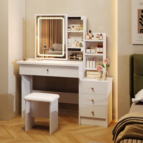 White Makeup Vanity Desk with Sliding Mirror & 4 Drawers | Smart LED Mirror, 3 Adjustable Lighting Modes, Vanity Chair, 4 Drawers, 7 Shelves, Dressing Table for Women, Girls - style: White with Slide mirror