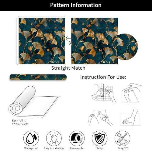 MuralPeel Teal Blue Yellow Gingko Leaf Vintage Peel and Stick Wallpaper Self Adhesive Removable Easy Peel Off Stick on Wall Paper for Bedroom Cabinet Renter