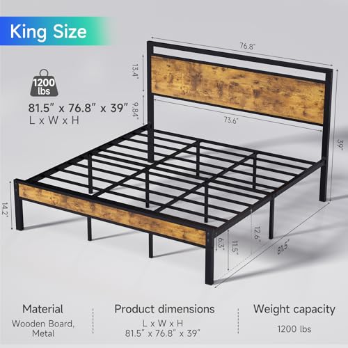 King Metal Bed Frame with Wooden Headboard and Footboard, Heavy Duty Platform Frame with Metal Slats, No Box Spring Needed, Quiet and Non-Slip Design, Space Saving Bed Frame for Bedroom, Vintage Brown - color: Vintage Brown, size: King