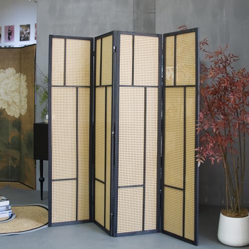 4 Panel Rattan Room Divider, 5.6 ft Tall Double-Sided Folding Privacy Screen for Room Separation, Decorative Panel Screen with Brown Wood Frame for Home & Office (67" H x 63" W)