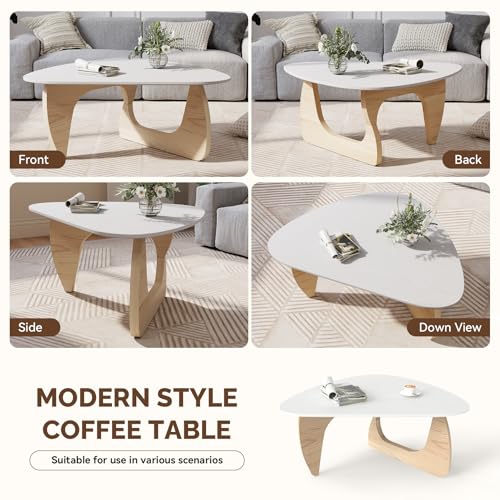 Modern Wood Coffee Table, Triangle Center Table with Premium Wooden Top& Unique Base, 35.5” Small Mid Century Tea Tables for Living Room, Apartment, Office,White&Light Natural Wood - color: White&light Natural Wood, size: Medium 35.5*25.5*15.7in