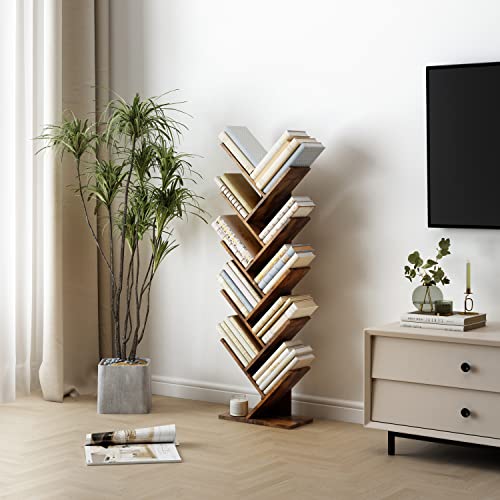 Hoctieon 10 Tier Tree Bookshelf, 10 Shelf Bookcase, Free Standing Tree Bookcase, Display Floor Standing Shelf for Books, Book Shelf Organizer, Rustic Brown - color: Rustic Brown, size: 10 Tier