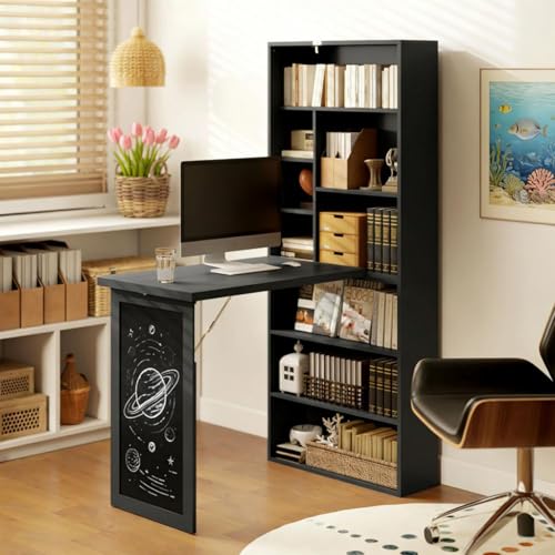 Foldable Wall Mounted Desk with Storage Shelves & Blackboard, Fold-Out Convertible Writing Table for Small Spaces | Space-Saving Floating Computer Desk for Home Office (Black) - color: Black