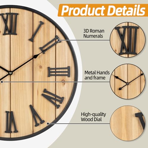 Large Wall Clock 30IN, Silent Metal Wood Style Wall Clocks Battery Operated for Living Room Decor, Farmhouse Big wall Clock, Outdoor - color: Wood-roman, size: 30IN