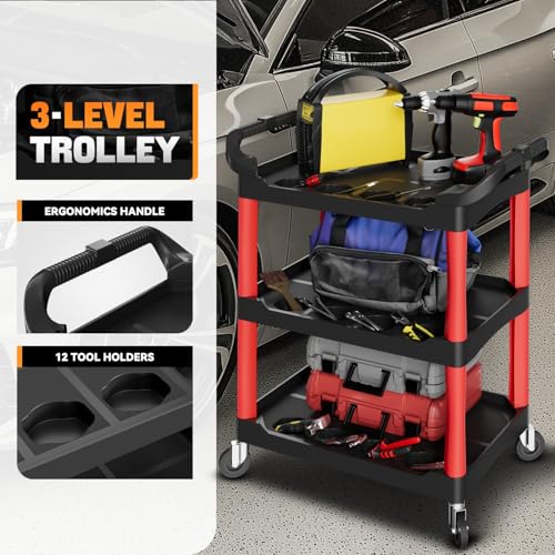 Auto Dynasty 3-Tier Rolling Cart with Cup Holders, 120kg Capacity, Black | 120 Kg/260 Lbs Capacity, 3-Tier Storage w/Cup Holders, Rolling Wheels for Easy Mobility, for Home/Garage/Warehouse/Workshop - style: with Cup Holders
