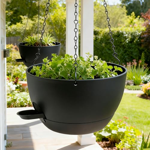WOUSIWER Self Watering Hanging Planters, 2 Pack 10'' Plastic Pots with Drainage Holes & Reservoir Tray (Black) | Indoor & Outdoor Use for Ferns, Ivy, Herbs, Succulents - color: Black, size: 2 Pack 10 inches