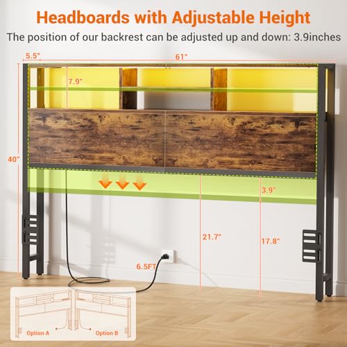 Aheaplus Headboard for Queen Size Bed with Storage, Headboards with Outlets, USB Ports and LED Light, Queen Head Board Only, Height Adjustable, Reversible, Sturdy and Stable Headboard, Rustic Brown - color: Rustic Brown, size: Queen, style: Wood