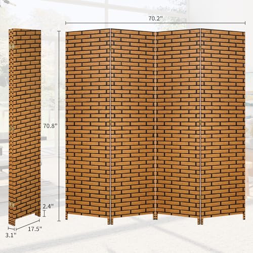 BLKMTY Room Divider, 6ft Folding Privacy Screens, Wall Divider Portable Room Seperating Freestanding Wood Screen, 4 Panels Hand-Woven Design Screen Double Hinged Dividers for Bedroom, Brick - color: Brick