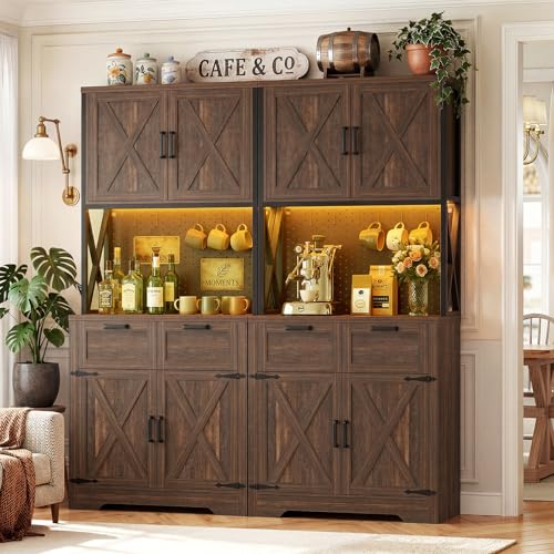 Unikito 71" Tall Kitchen Pantry Storage Cabinet with Microwave Countertop | Weathered Brown, Freestanding Pantry Cabinet Hutch with Charging Station & LED Lights, Drawers & Pegboard for Dining Room - color: Weathered Brown, size: 32 Inch