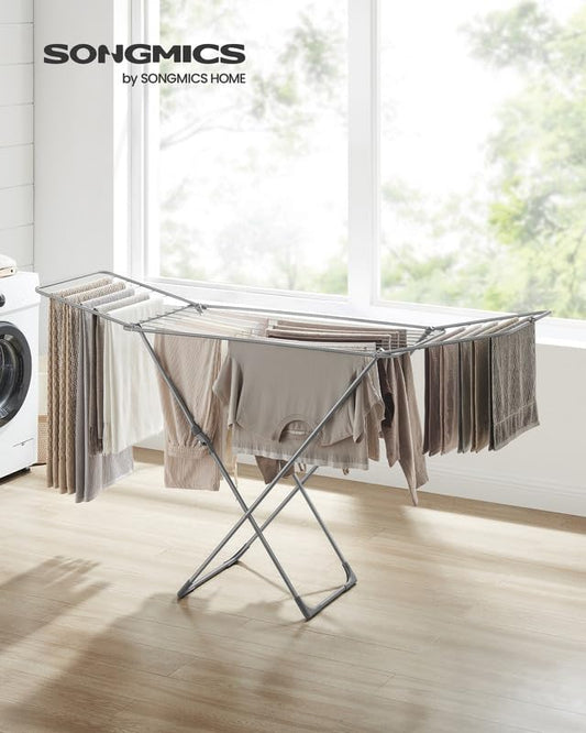 SONGMICS Clothes Drying Rack, Metal Laundry Drying Rack, Foldable, Space-Saving, Free-Standing Airer, with 2 Gullwings, Indoor Outdoor Use, Bed Linen Clothing, Gray ULLR540G01 - color: Gray, style: 2 Gullwings(19.7"D)