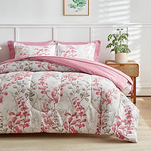 Pink Floral Comforter Sheet Set Bed in a Bag Twin Pink Gray Leaves 6 Pieces Bedding Set (1 Comforter 2 Pillow Shams 1 Flat Sheet 1 Fitted Sheet 1 Pillowcases) - color: Flowers, size: Twin-6 Pieces