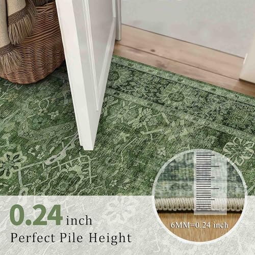 Zeeinx 2x8 Runner Rug Green Washable Runner Rugs for Hallway Kitchen | Vintage Low Pile Non-Slip Retro Distressed Floral Runner Rug for Bathroom Bedroom Green - color: Green, size: 2'*8'(Runner)
