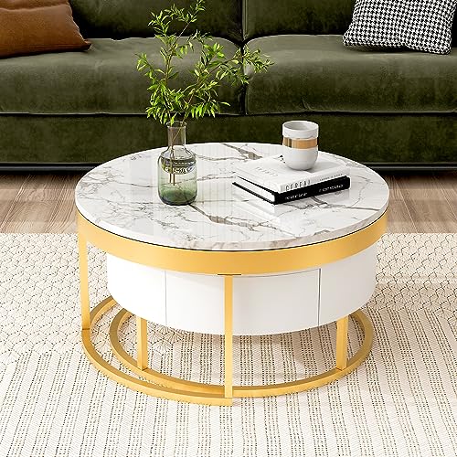 Modern Round Nesting Coffee Table with Drawers for Living Room in White - color: Golden+white