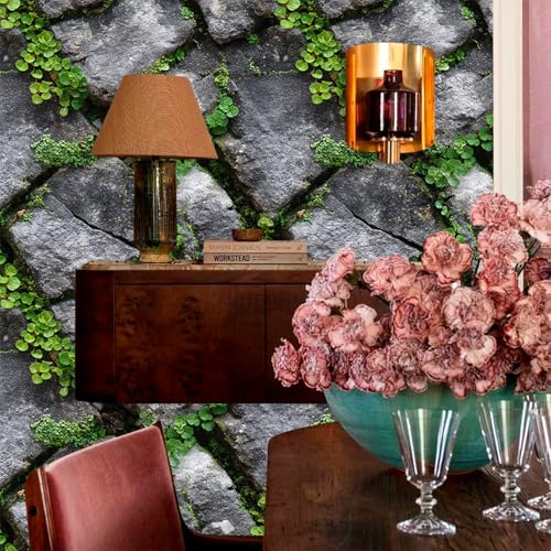 Vintage Irregular Stone Green Grass & Moss Pattern Peel and Stick Wallpaper Easy Peel Off Contact Paper Stick on Adhesive Wall Paper for Bathroom Waterproof Renter 17.71"x236.2" - color: LD-137b, size: 17.7" x 236"
