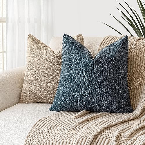 Foindtower Set of 2, Decorative Textured Boucle Throw Pillow Covers Accent Solid Pillow Cases Neutral Soft Cozy Couch Cushion Case for Chair Sofa Bedroom Living Room Home Decor 16 x 16 Inch Blue - color: Nightfall, size: 16" x 16" (Pack of 2)