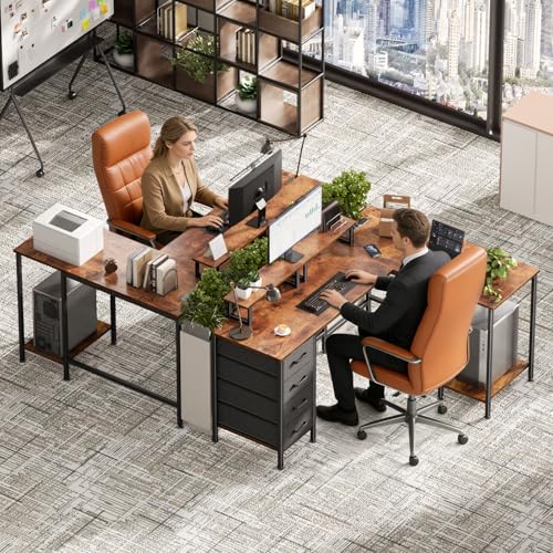 Korfile 59 inch L Shaped Computer Desk with Power Outlets, Rustic Brown | Ideal for Home Office, Bedroom, Corner, 4 Adjustable Storage Drawers, 2 Monitor Stands, Reversible, Two Person Gaming Table - color: Rustic Brown