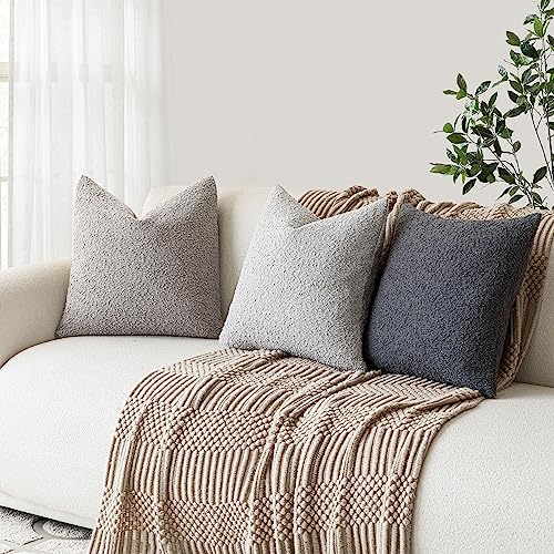 Foindtower Set of 2, Decorative Textured Boucle Throw Pillow Covers Accent Solid Pillow Cases Soft Cozy Couch Cushion Case for Chair Sofa Bedroom Living Room Home Decor 16 x 16 Inch Neutral Grey - color: Cloud Grey, size: 16" x 16" (Pack of 2)