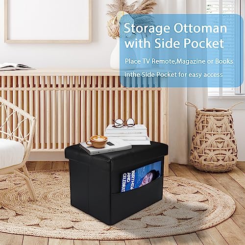 Ottoman with Storage,17 Inch Leather Folding Foot Rest Stool,Black | Small Ottoman with Side Pockets, Thicker Foam Padded Seat, 17 * 13 * 13 Inch, Livingroom, Dorm, Bedroom, Entryway - color: Black