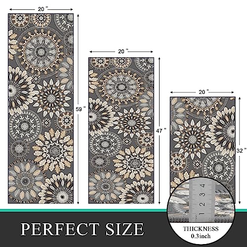 Bsmathom Boho Kitchen Rug Mat Sets 3 Piece, Farmhouse Non Slip Kitchen Rug Runner, Washable Non Skid Kitchen Rugs, Bohemian Kitchen Floor Mat for Hallway Entryway Laundry Room - color: Multi Gray, size: 20"x32"+20"x48"+20"x59"