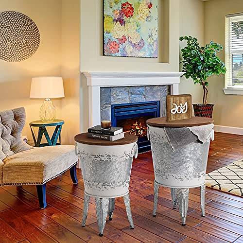 RUSTOWN Farmhouse Side Tables Set of 2, Galvanized Metal Bucket End Table | Storage Metal Bin with Round Wooden Lid, Accent Side Table, Rustic Antique Cocktail Table for Living Room, Bedroom, Outdoor - color: Distressed White
