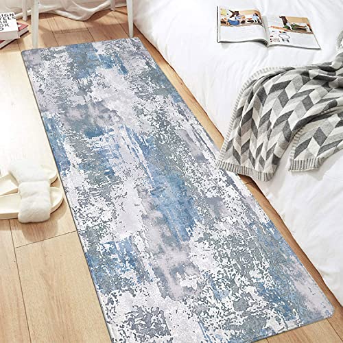 famibay 2x6ft Hallway Runner Rug Non Slip Washable Rug Runner Modern Runners for Hallways with Rubber Backing Soft Flurry Low Pile Carpet Runners for Hallway Kitchen Bathroom(Blue and Grey) - color: Blue and Grey, size: 2 x 6 feet