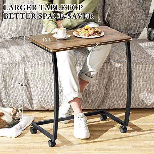 SRIWATANA Dark Walnut C Shaped Side Table with Wheels, Wood End Sofa Table | C-Table with Lockable Wheels Slides Under Sofa, Sturdy Wood Bedside Laptop Desk for Coffee, Snacks, and Study Use - color: Dark Walnut W/ Caster
