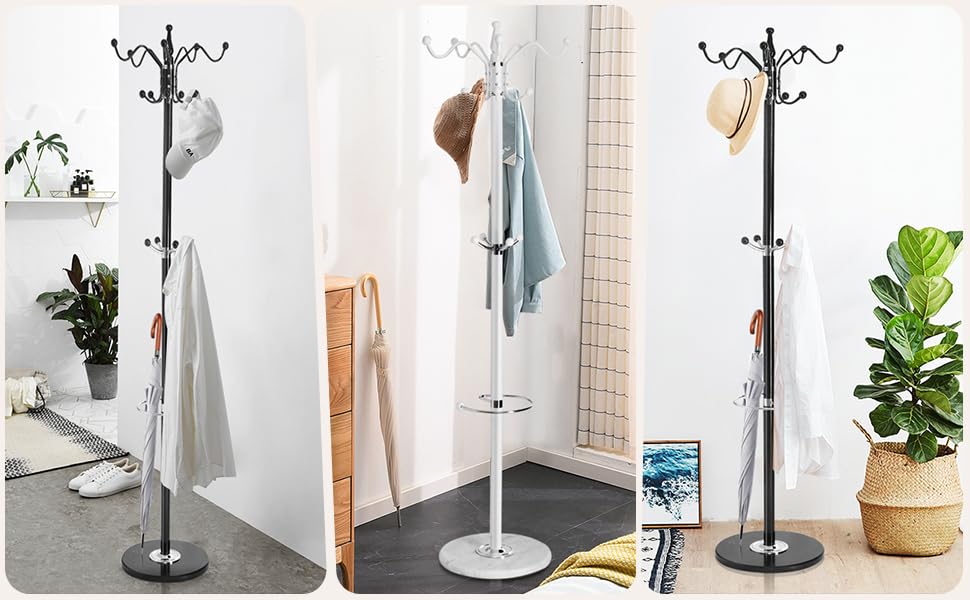 Coat Rack for Entryway, Freestanding Coat Rack, White Coat Rack with Marble Base, 3-Tier Hooks Umbrella Holder, Heavy Duty 33 lbs Capacity, for Hallway Bedroom Living Room