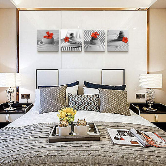 Yxbhhym Bathroom Decor Zen Decor Gray Wall Art Red Floral Wall Pictures Black and White Wall Art Flower Zen Stone Sand Pebble Canvas Print Artwork for Bedroom Living Room Home Wall Decoration - color: zen red grey, size: 12"L x 12"W x 4 pcs
