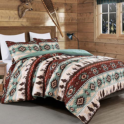 Chezmoi Collection Audun 3-Piece Southwestern Cowboys Aztec Comforter Set - Multicolor Teal Brown Beige Tan Red Printed Washed Microfiber Bedding, Queen Size - color: Teal Multi Cowboys, size: Queen