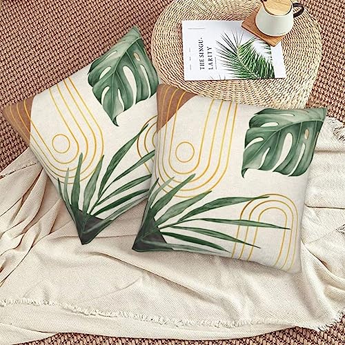 Boho Pillow Covers 16x16 Set of 2, Mid Century Abstract Bohemian Leaves Decorative Outdoor Throw Pillow Covers Summer Outdoor Modern Cushion Case Linen Square Decor for Home Couch Sofa - color: Green-2, size: 16" x 16" (Pack of 2)