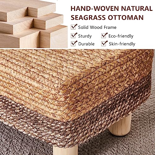 Wimarsbon Natural Seagrass Footstool Ottoman Rectangular Footrest Pouf Ottomans with Wooden Legs Hand Weave Step Stool for Living Room Bedroom Entryway Purple - color: Purple, size: 12"D x 16.5"W x 9.5"H