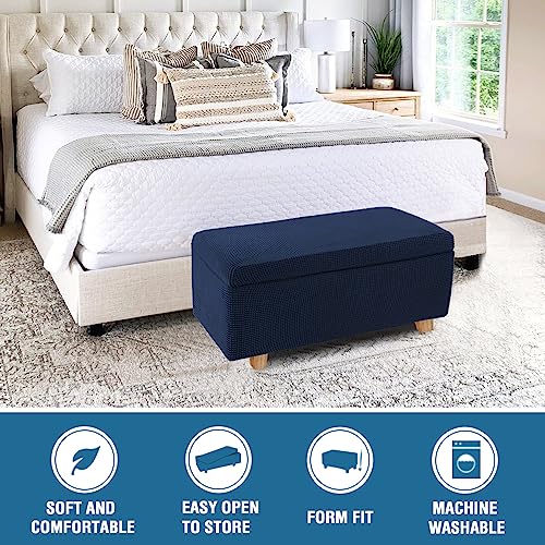 2-Piece Stretch Ottoman Covers – Rectangle Slipcovers for Folding Storage Stools, Non-Slip Elastic Bottom, Soft Fabric Furniture Protectors (Navy, Large) - color: Navy, size: Large